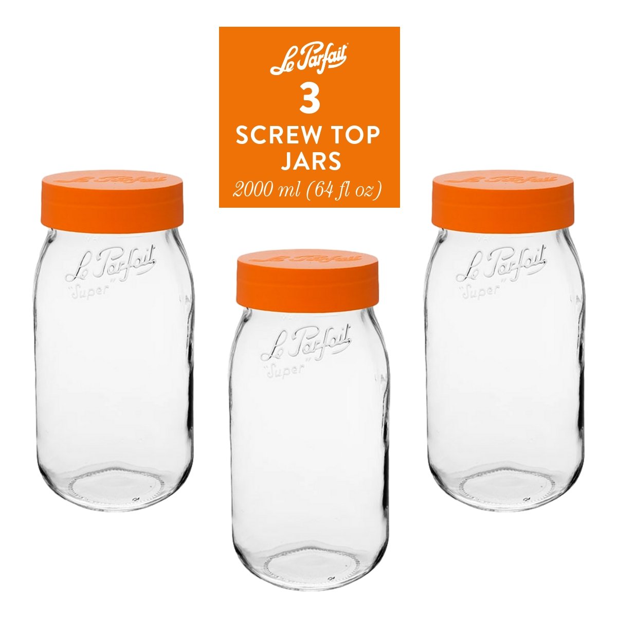 Le Parfait Screw Top Jars 3000ml - 96oz - 3L Orange Lid / 3