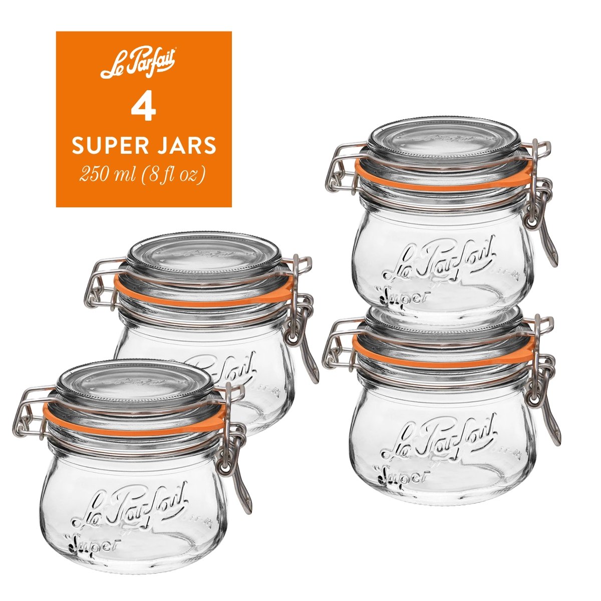 Le Parfait Super Jar - 500ml French Glass Canning Jar w/Round Body,  Airtight Rubber Seal & Glass Lid (16oz/Pint, Pack of 6)