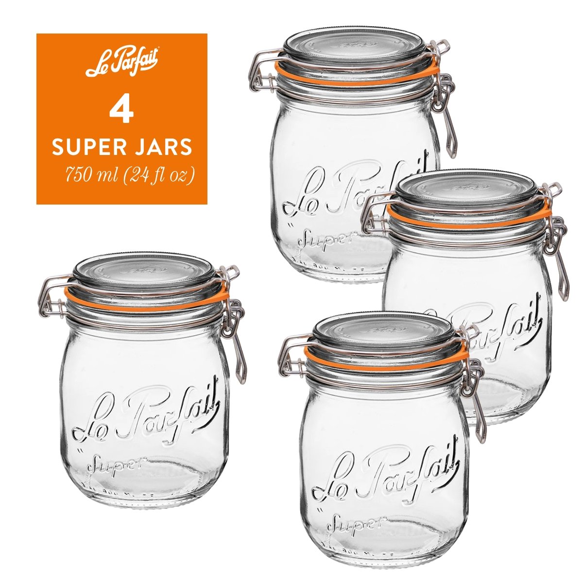 Le Parfait Super Terrine - 200ml French Glass Canning Jar w/Straight Body,  Airtight Rubber Seal & Glass Lid, 4oz (Pack of 4) Stainless Wire